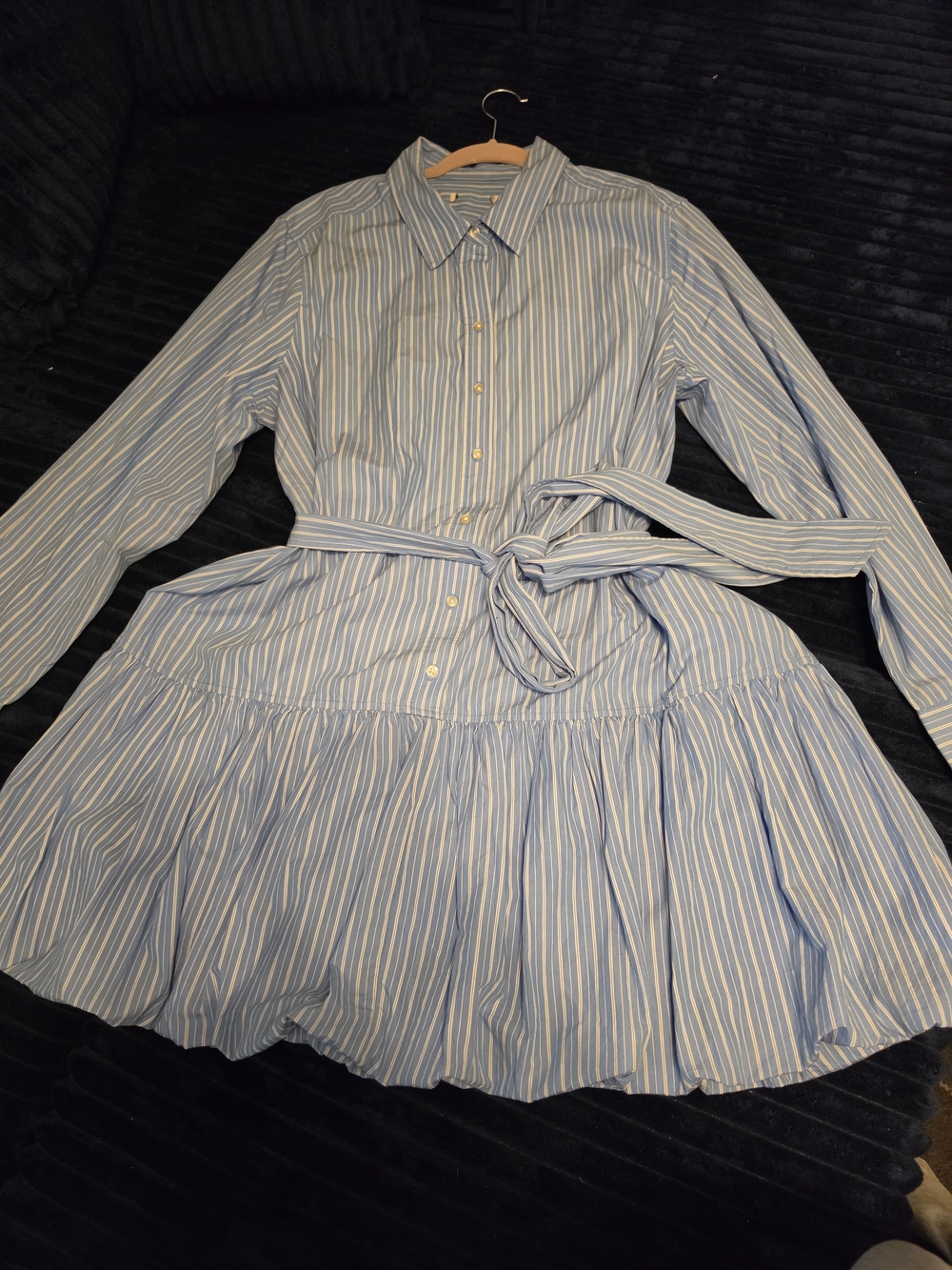Blue Stripe Button-Front Shirt Dress with Tie Waist